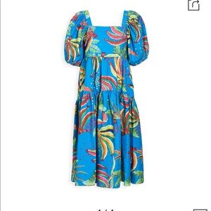 Farm Rio Blue Banana Cotton Midi Dress In Multi